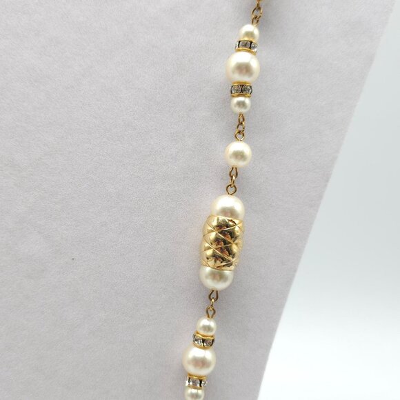 Vintage Faux Pearl Gold Tone Beaded Necklace With Rhinestone Accents No Clasp - Picture 4 of 8